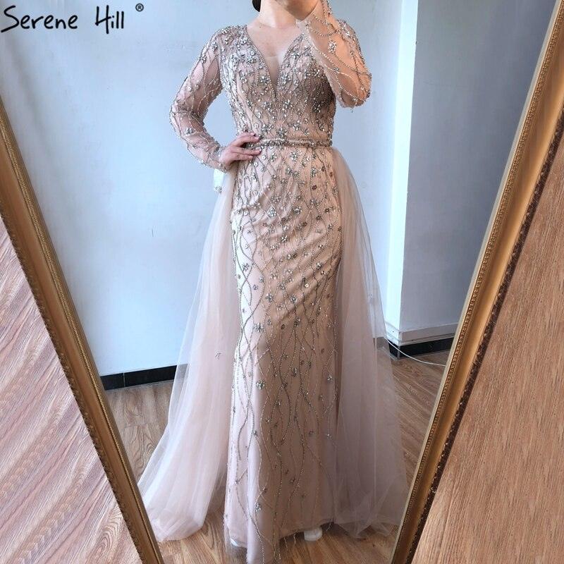 Dubai Luxury Grey With DetachableTrain Evening Dresses  Long Diamond Mermaid Beading Formal Dress Serene Hill LA70341