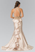 High Neck Champagne Satin Prom Dresses with ce Embroidery and Ruffled Back