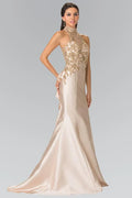 High Neck Champagne Satin Prom Dresses with ce Embroidery and Ruffled Back