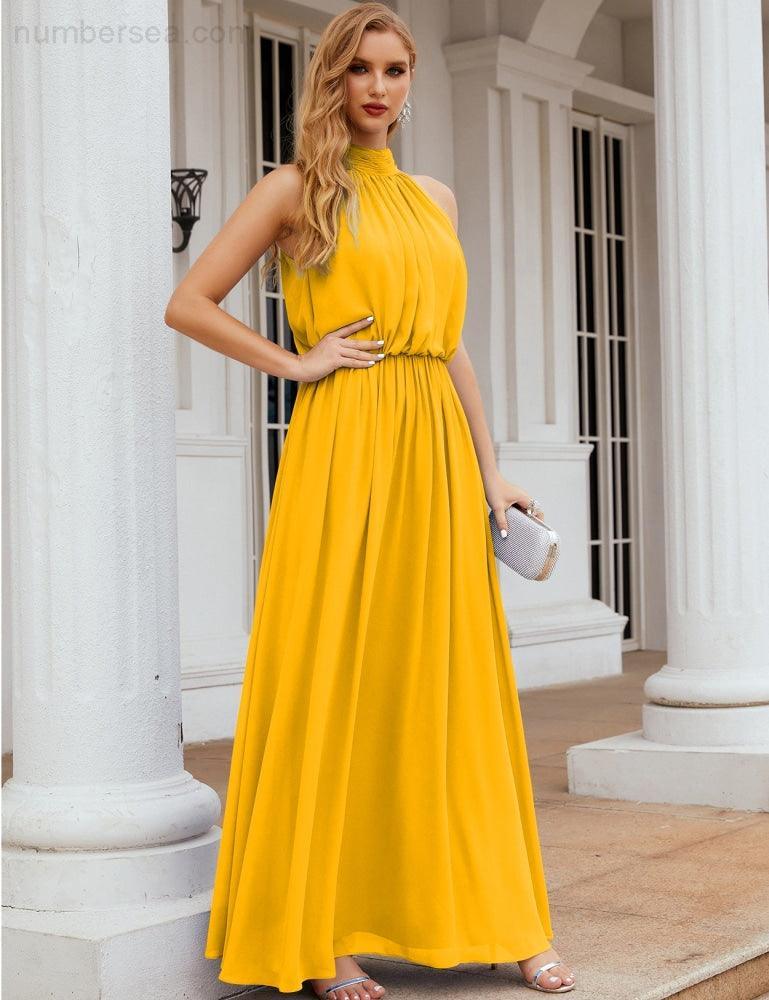 Numbersea  High Neck Chiffon Bridesmaid Dresses Long Evening Dresses Formal Evening Party Prom Gowns 28027