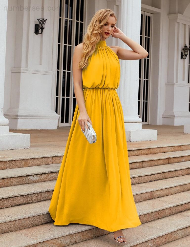 Numbersea  High Neck Chiffon Bridesmaid Dresses Long Evening Dresses Formal Evening Party Prom Gowns 28027