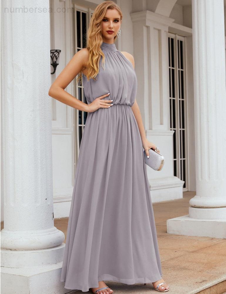 Numbersea  High Neck Chiffon Bridesmaid Dresses Long Evening Dresses Formal Evening Party Prom Gowns 28027