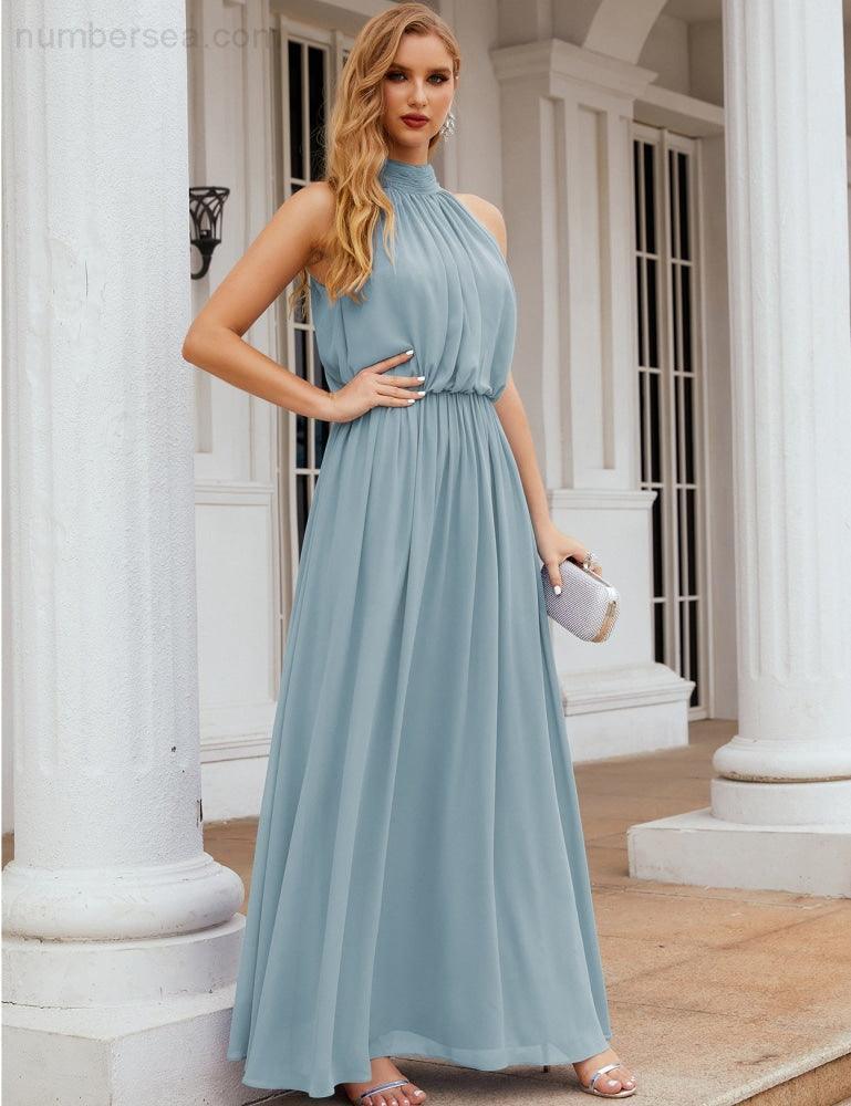 Numbersea  High Neck Chiffon Bridesmaid Dresses Long Evening Dresses Formal Evening Party Prom Gowns 28027