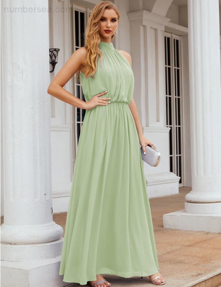 Numbersea  High Neck Chiffon Bridesmaid Dresses Long Evening Dresses Formal Evening Party Prom Gowns 28027