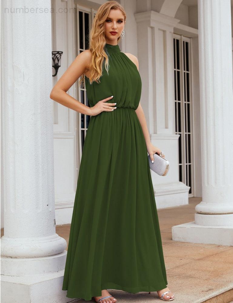 Numbersea  High Neck Chiffon Bridesmaid Dresses Long Evening Dresses Formal Evening Party Prom Gowns 28027