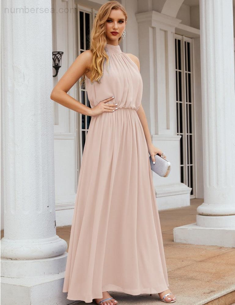 Numbersea  High Neck Chiffon Bridesmaid Dresses Long Evening Dresses Formal Evening Party Prom Gowns 28027