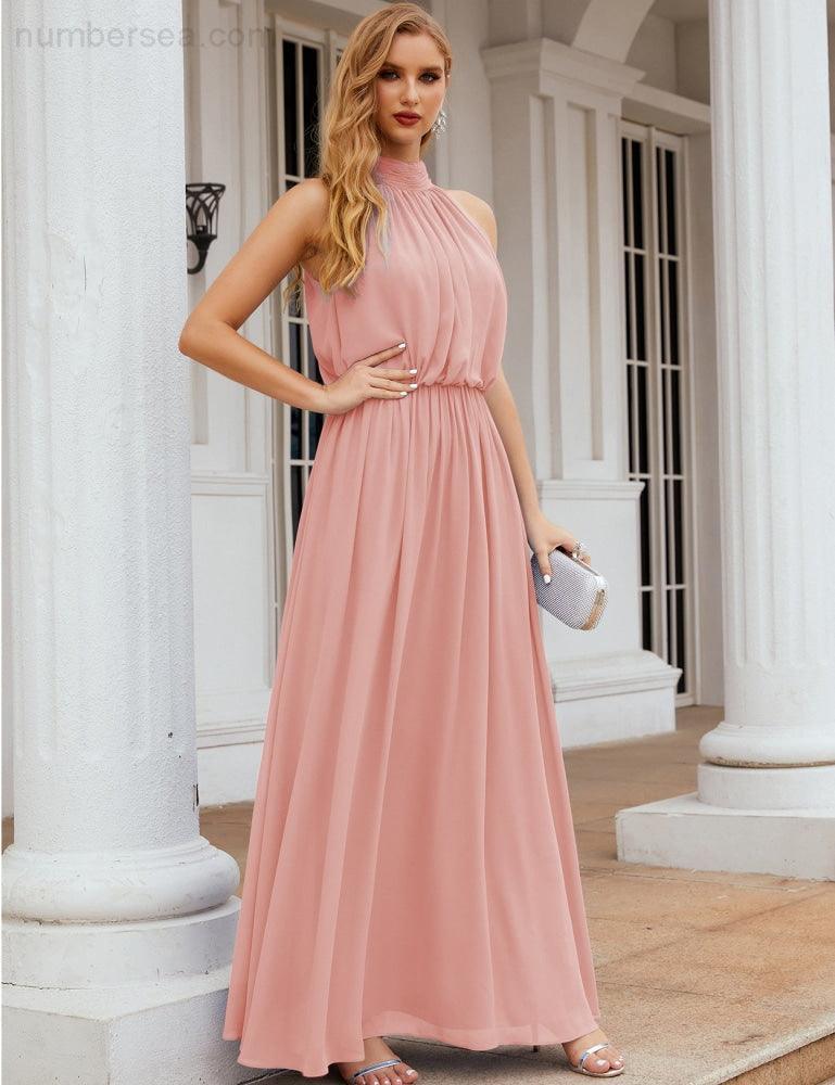 Numbersea  High Neck Chiffon Bridesmaid Dresses Long Evening Dresses Formal Evening Party Prom Gowns 28027
