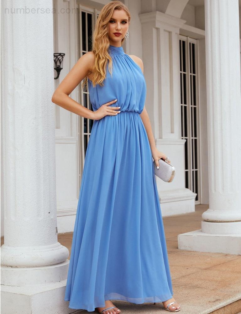 Numbersea  High Neck Chiffon Bridesmaid Dresses Long Evening Dresses Formal Evening Party Prom Gowns 28027