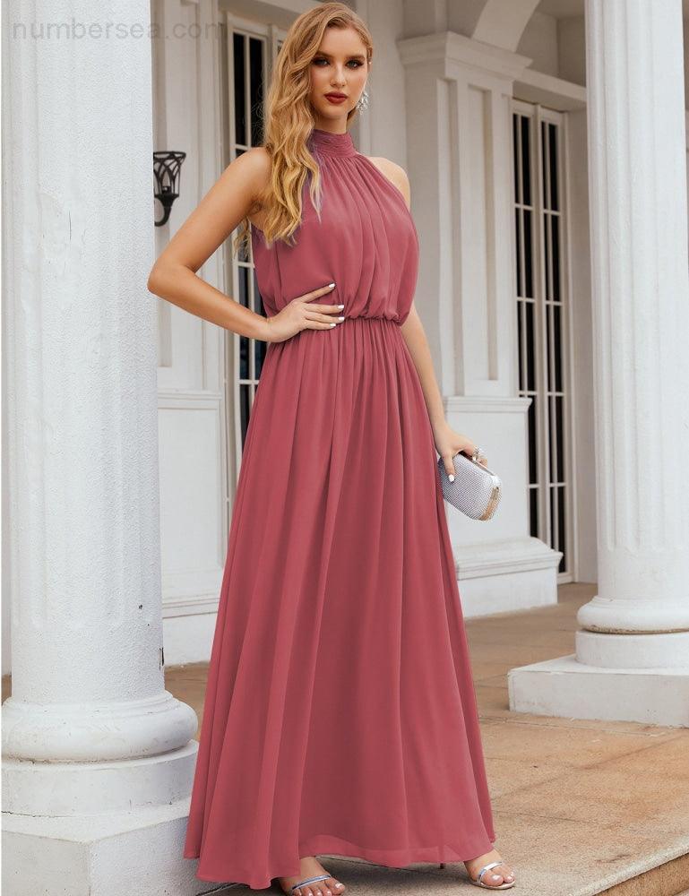 Numbersea  High Neck Chiffon Bridesmaid Dresses Long Evening Dresses Formal Evening Party Prom Gowns 28027