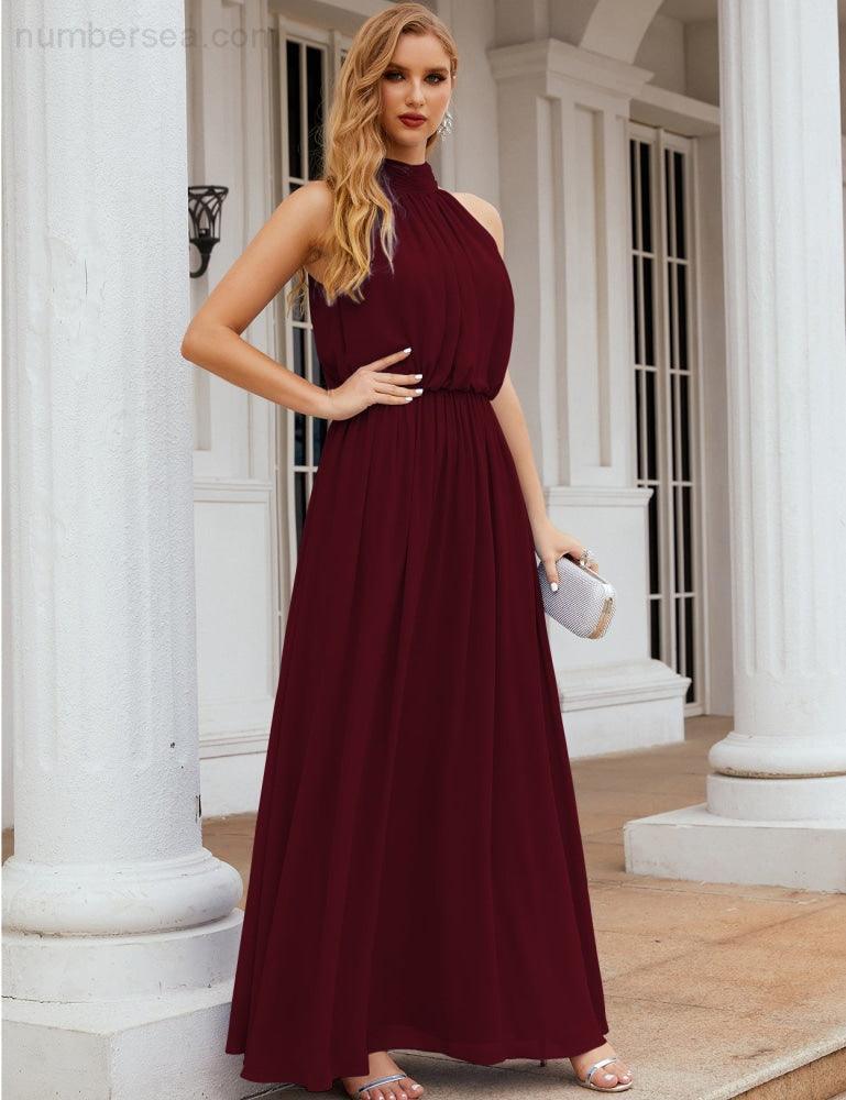 Numbersea  High Neck Chiffon Bridesmaid Dresses Long Evening Dresses Formal Evening Party Prom Gowns 28027