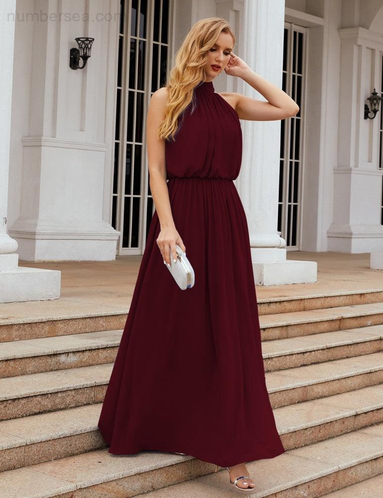 Numbersea  High Neck Chiffon Bridesmaid Dresses Long Evening Dresses Formal Evening Party Prom Gowns 28027