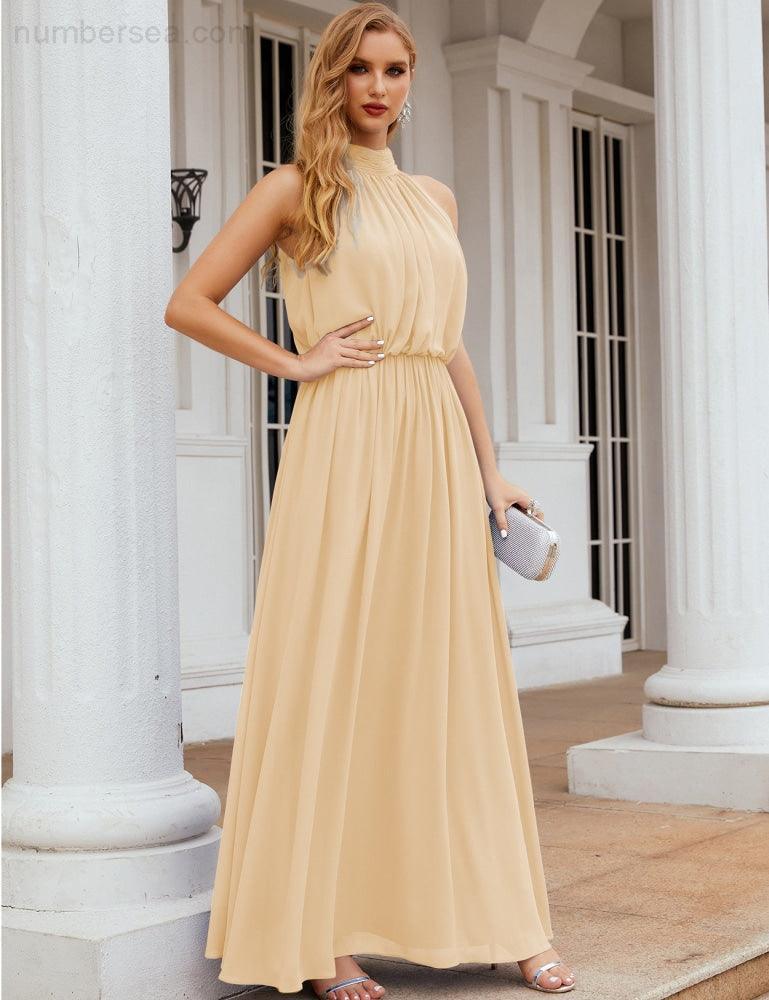Numbersea  High Neck Chiffon Bridesmaid Dresses Long Evening Dresses Formal Evening Party Prom Gowns 28027