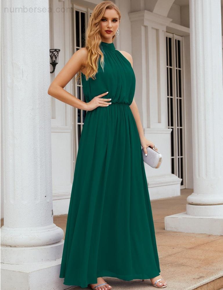 Numbersea  High Neck Chiffon Bridesmaid Dresses Long Evening Dresses Formal Evening Party Prom Gowns 28027