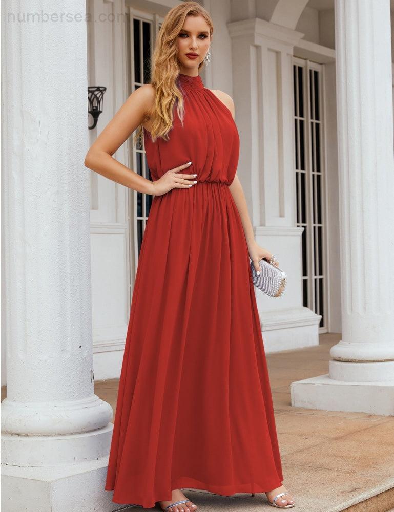 Numbersea  High Neck Chiffon Bridesmaid Dresses Long Evening Dresses Formal Evening Party Prom Gowns 28027