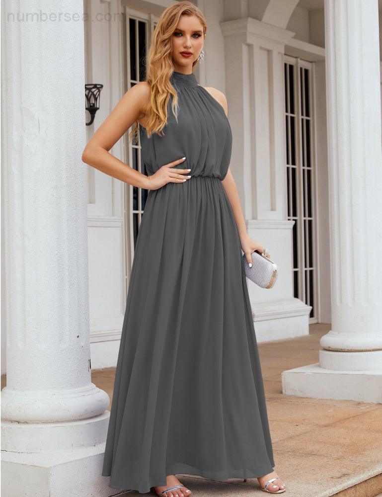 Numbersea  High Neck Chiffon Bridesmaid Dresses Long Evening Dresses Formal Evening Party Prom Gowns 28027