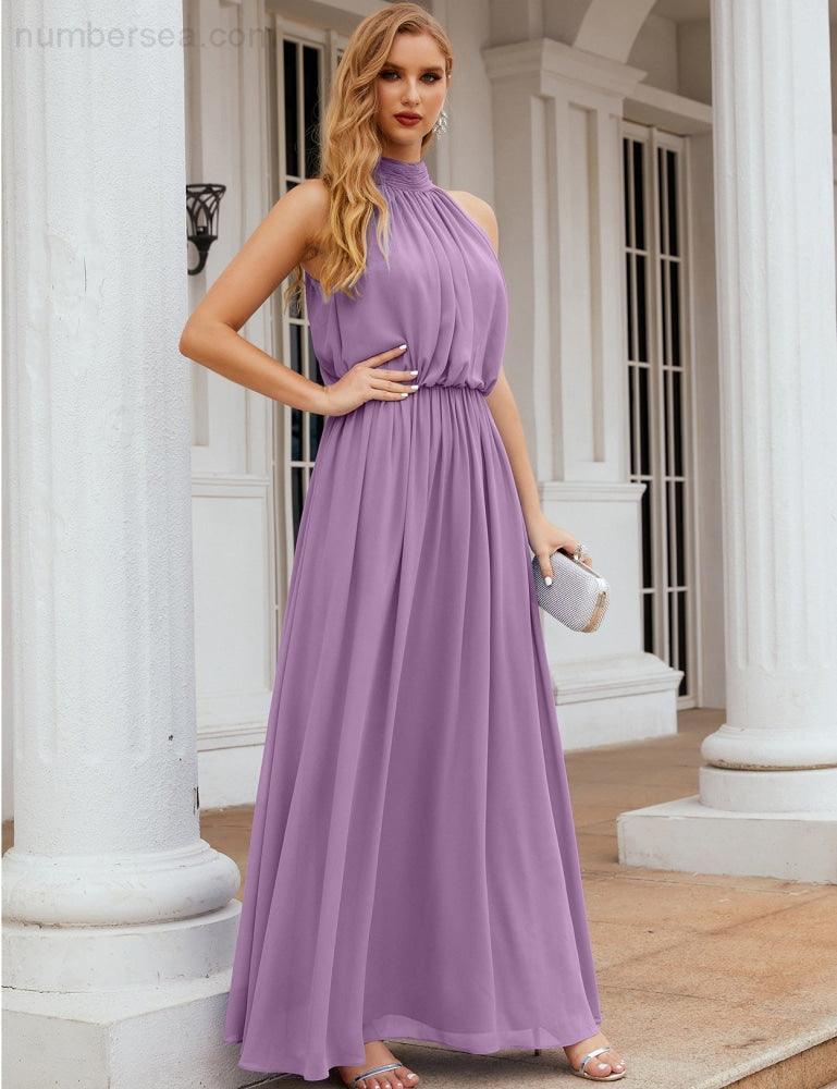 Numbersea  High Neck Chiffon Bridesmaid Dresses Long Evening Dresses Formal Evening Party Prom Gowns 28027