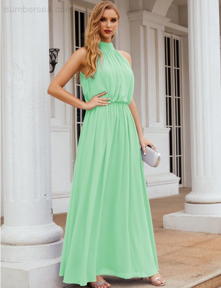 Numbersea  High Neck Chiffon Bridesmaid Dresses Long Evening Dresses Formal Evening Party Prom Gowns 28027