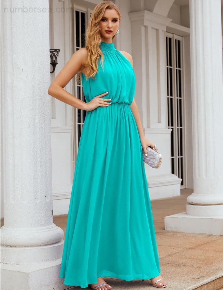 Numbersea  High Neck Chiffon Bridesmaid Dresses Long Evening Dresses Formal Evening Party Prom Gowns 28027