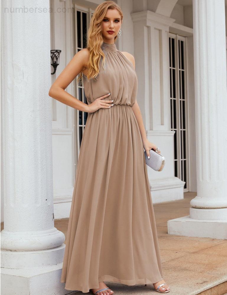 Numbersea  High Neck Chiffon Bridesmaid Dresses Long Evening Dresses Formal Evening Party Prom Gowns 28027