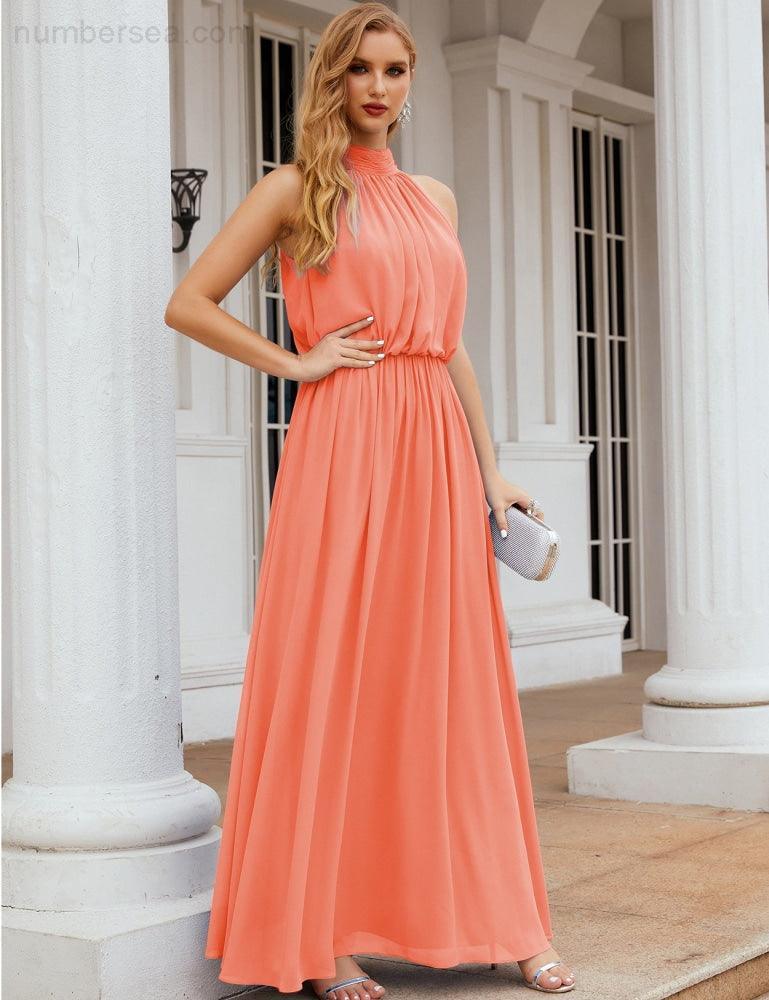 Numbersea  High Neck Chiffon Bridesmaid Dresses Long Evening Dresses Formal Evening Party Prom Gowns 28027