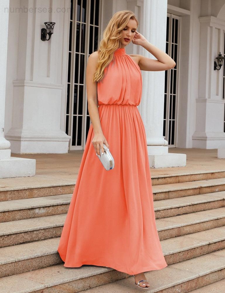 Numbersea  High Neck Chiffon Bridesmaid Dresses Long Evening Dresses Formal Evening Party Prom Gowns 28027