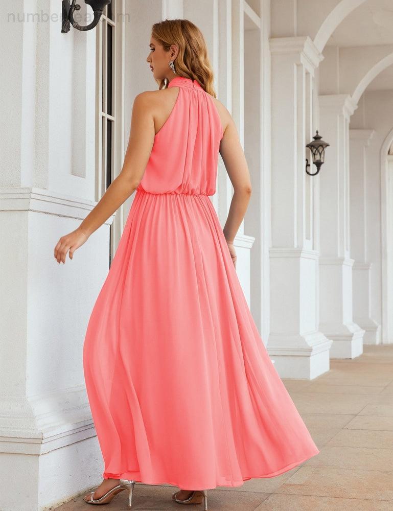 Numbersea  High Neck Chiffon Bridesmaid Dresses Long Evening Dresses Formal Evening Party Prom Gowns 28027