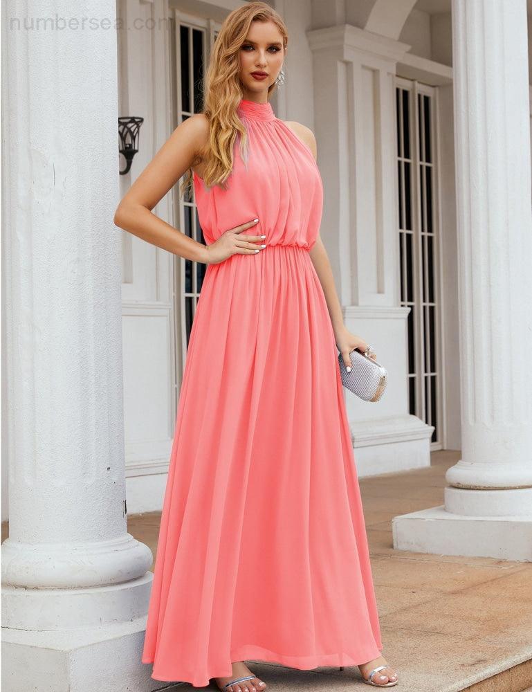 Numbersea  High Neck Chiffon Bridesmaid Dresses Long Evening Dresses Formal Evening Party Prom Gowns 28027
