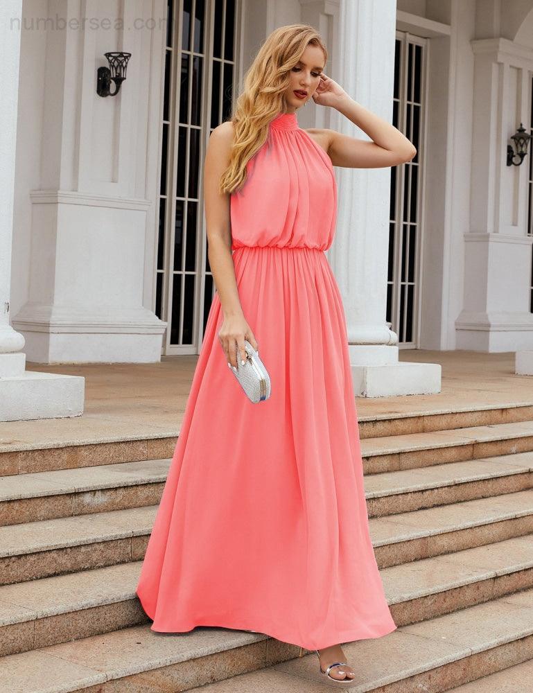 Numbersea  High Neck Chiffon Bridesmaid Dresses Long Evening Dresses Formal Evening Party Prom Gowns 28027