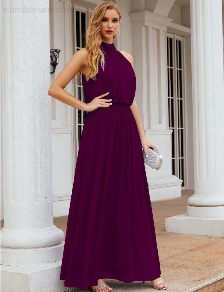 Numbersea  High Neck Chiffon Bridesmaid Dresses Long Evening Dresses Formal Evening Party Prom Gowns 28027