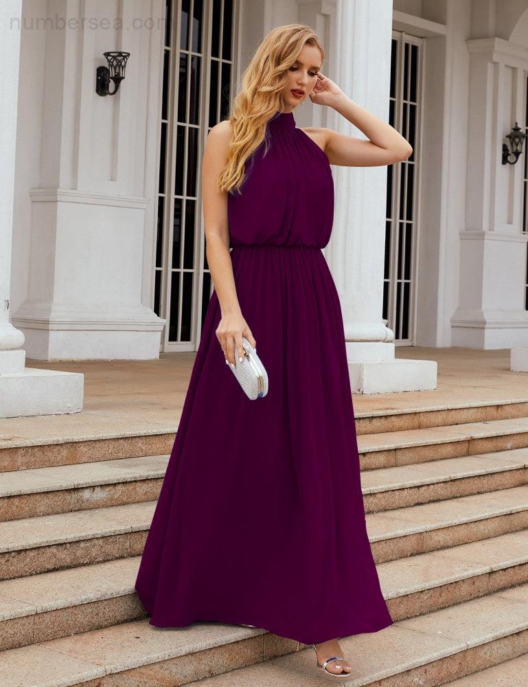 Numbersea  High Neck Chiffon Bridesmaid Dresses Long Evening Dresses Formal Evening Party Prom Gowns 28027