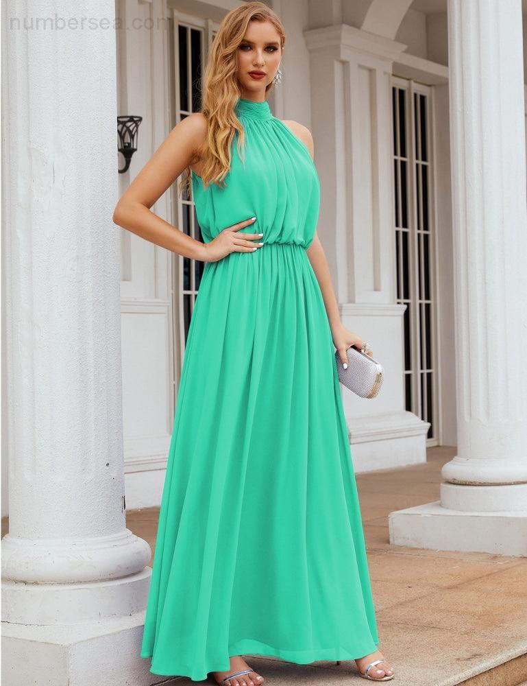 Numbersea  High Neck Chiffon Bridesmaid Dresses Long Evening Dresses Formal Evening Party Prom Gowns 28027