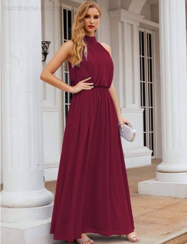 Numbersea  High Neck Chiffon Bridesmaid Dresses Long Evening Dresses Formal Evening Party Prom Gowns 28027