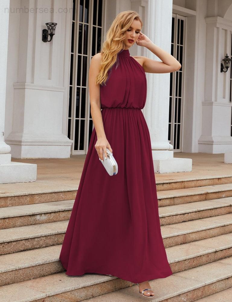 Numbersea  High Neck Chiffon Bridesmaid Dresses Long Evening Dresses Formal Evening Party Prom Gowns 28027