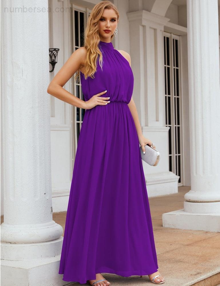Numbersea  High Neck Chiffon Bridesmaid Dresses Long Evening Dresses Formal Evening Party Prom Gowns 28027