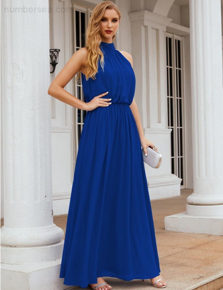 Numbersea  High Neck Chiffon Bridesmaid Dresses Long Evening Dresses Formal Evening Party Prom Gowns 28027