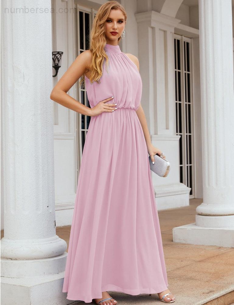 Numbersea  High Neck Chiffon Bridesmaid Dresses Long Evening Dresses Formal Evening Party Prom Gowns 28027
