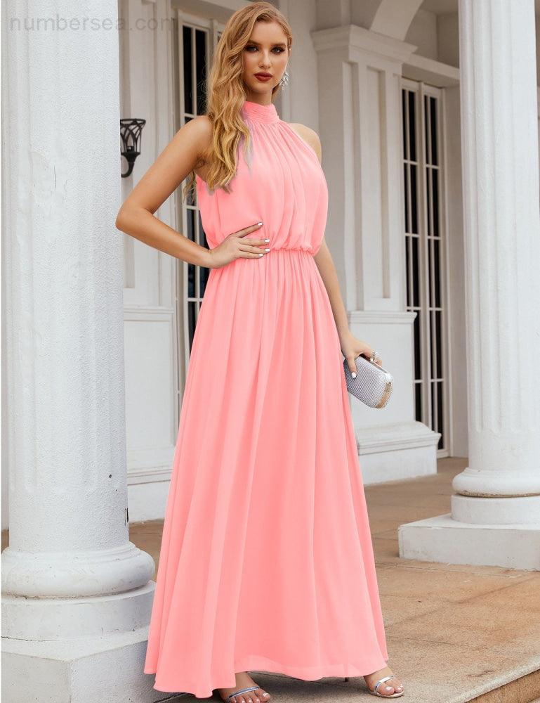 Numbersea  High Neck Chiffon Bridesmaid Dresses Long Evening Dresses Formal Evening Party Prom Gowns 28027