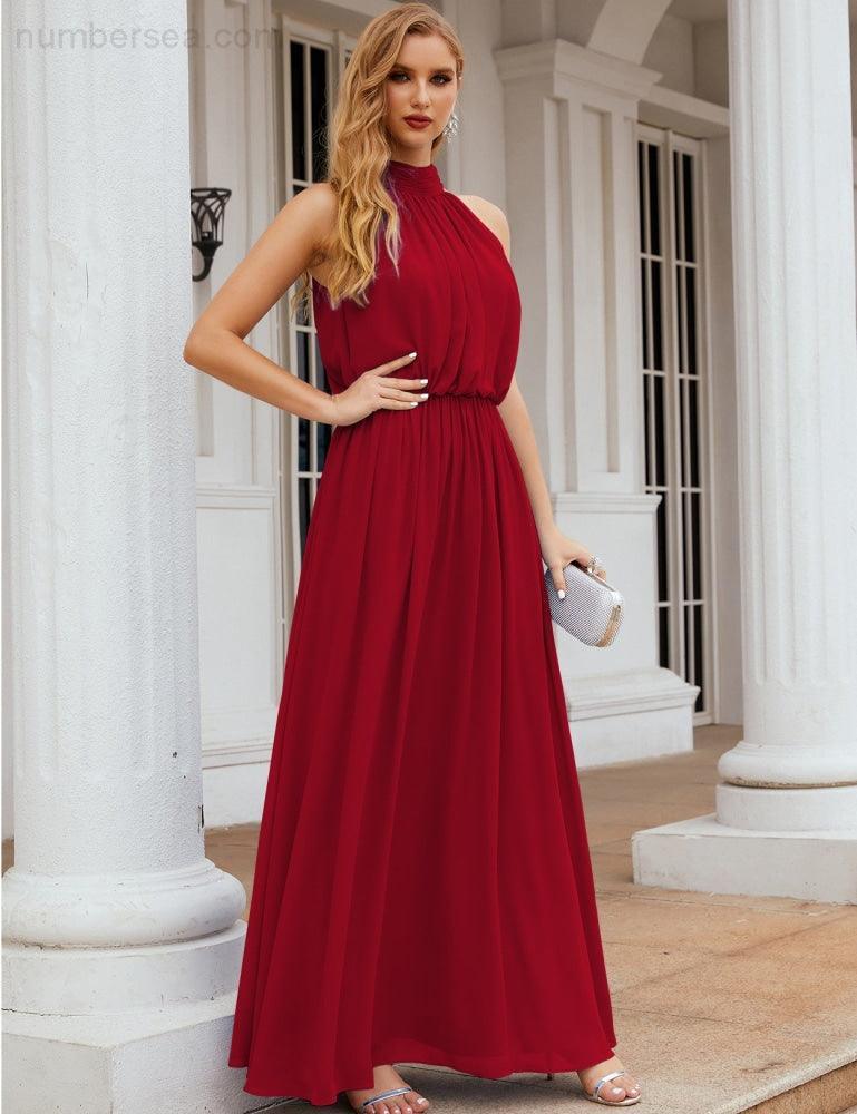 Numbersea  High Neck Chiffon Bridesmaid Dresses Long Evening Dresses Formal Evening Party Prom Gowns 28027