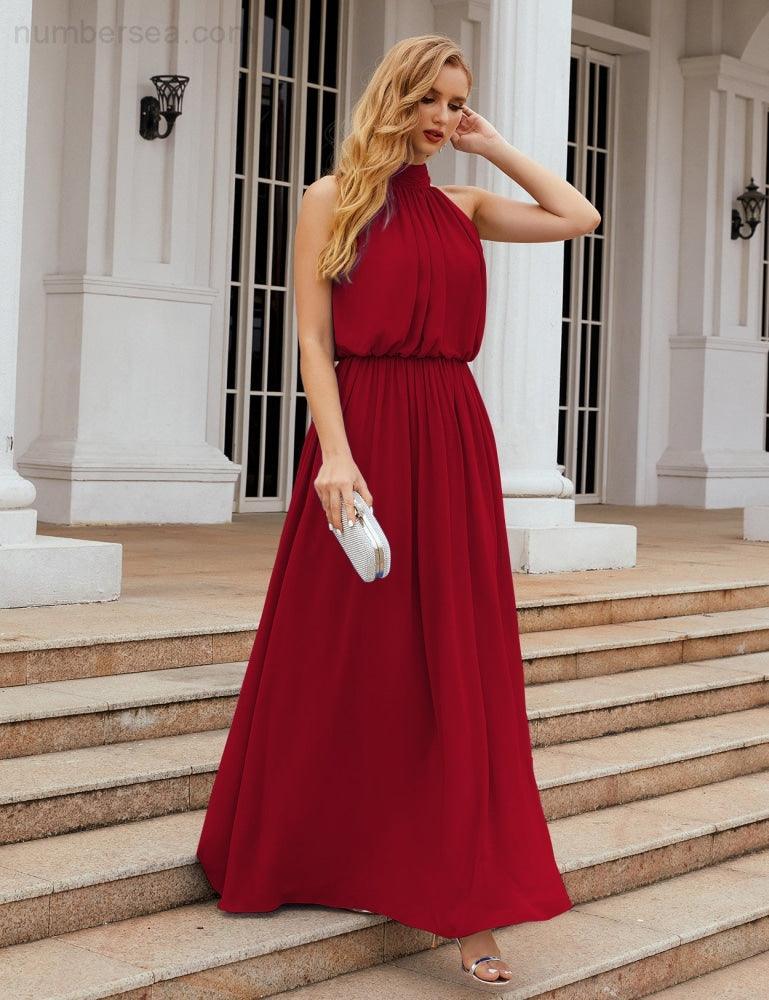 Numbersea  High Neck Chiffon Bridesmaid Dresses Long Evening Dresses Formal Evening Party Prom Gowns 28027