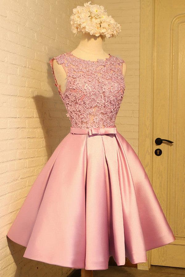 Homecoming Dress Appliques Bowknot Satin Short Prom Dress