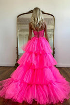 Hot Pink High Low Sweetheart Tiered Prom Dress Evening Dress