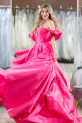 Hot Pink Puff Sleeves Off The Shoulder Simple Prom Evening Dresses