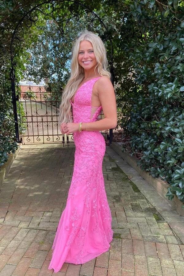 Tulle Mermaid Deep V-neck Prom Dresses With Lace Appliques