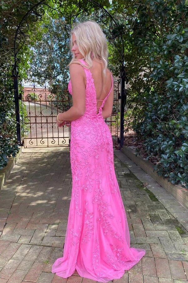 Tulle Mermaid Deep V-neck Prom Dresses With Lace Appliques