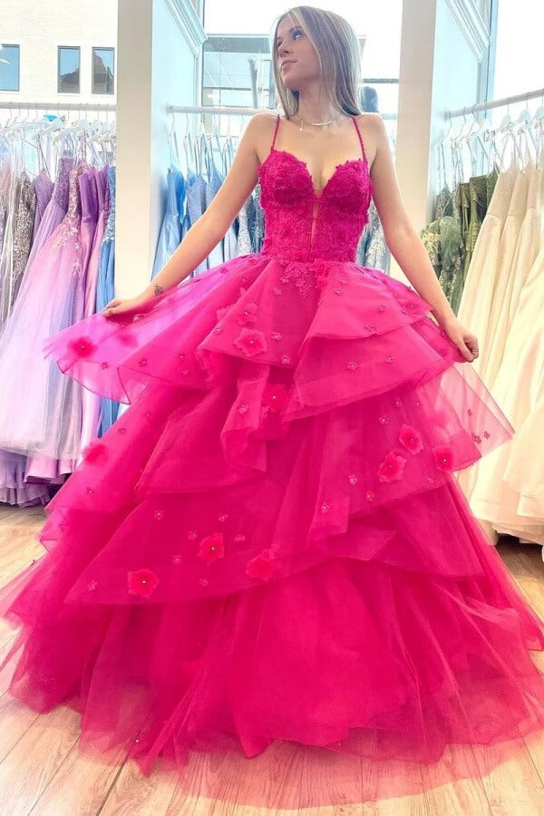 Tulle Tiered Sweetheart Prom Dresses With Lace Appliques