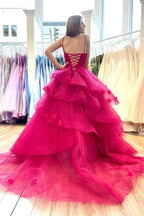 Tulle Tiered Sweetheart Prom Dresses With Lace Appliques