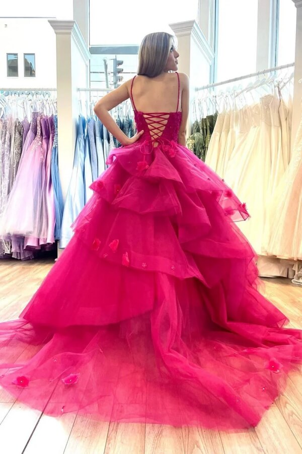 Tulle Tiered Sweetheart Prom Dresses With Lace Appliques
