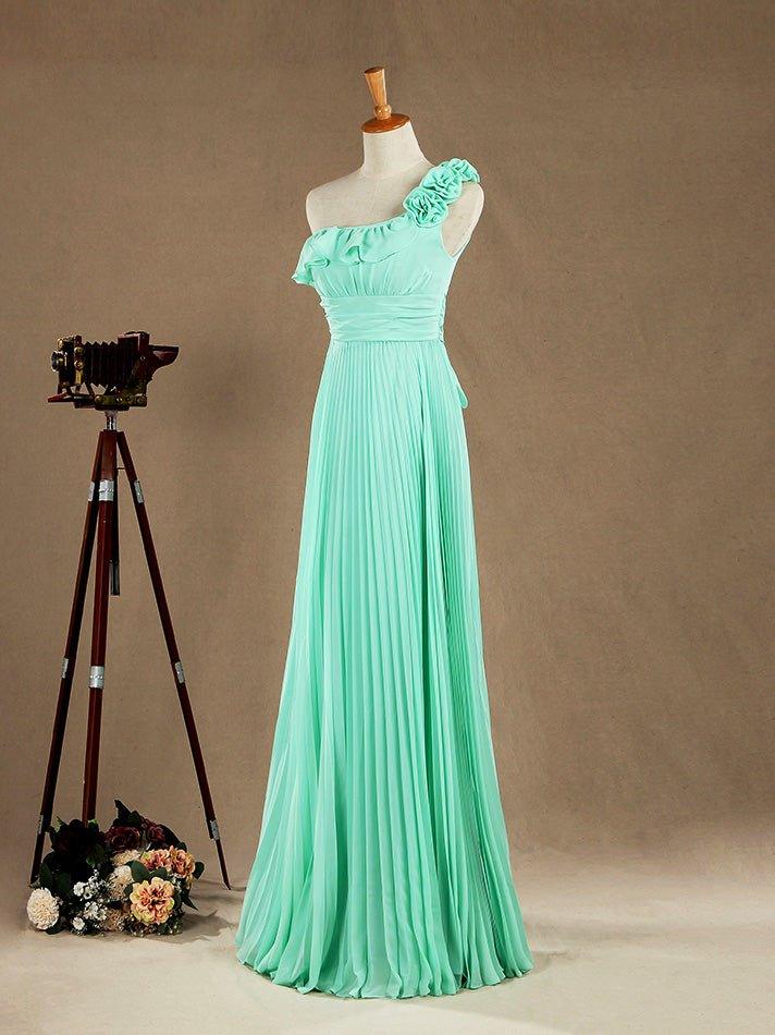 Numbersea Sheath / Column One Shoulder Floor Length Chiffon Bridesmaid Dress with Flowers Crumple