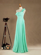 Numbersea Sheath / Column One Shoulder Floor Length Chiffon Bridesmaid Dress with Flowers Crumple