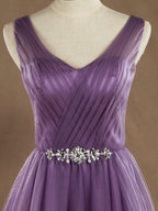 A-Line V-neck Floor Length Tulle Bridesmaid Dress Criss Cross with Beading